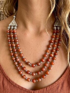 Vintage Heavy sterling silver and carnelian three tier statement necklace